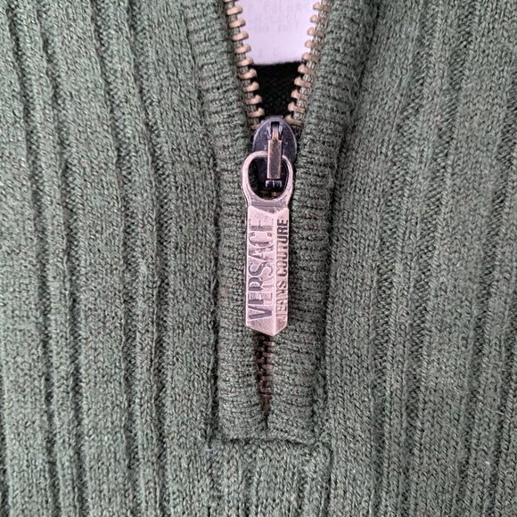 Vintage Versace Green Ribbed Quarter-Zip Knit Sweater Size S Brown Trim Wool - Picture 4 of 8